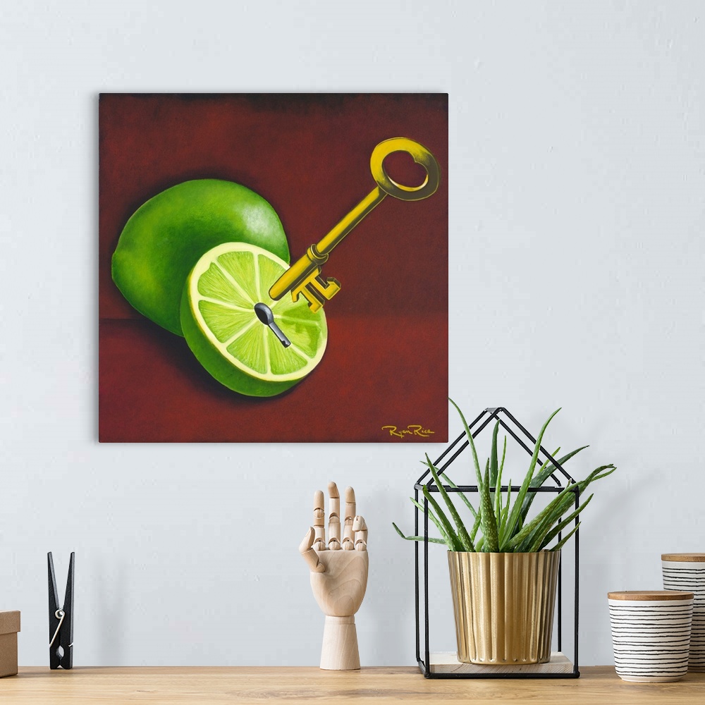 A bohemian room featuring Square pun painting of two limes and a golden key with the pi symbol on the end (key lime pi - ke...