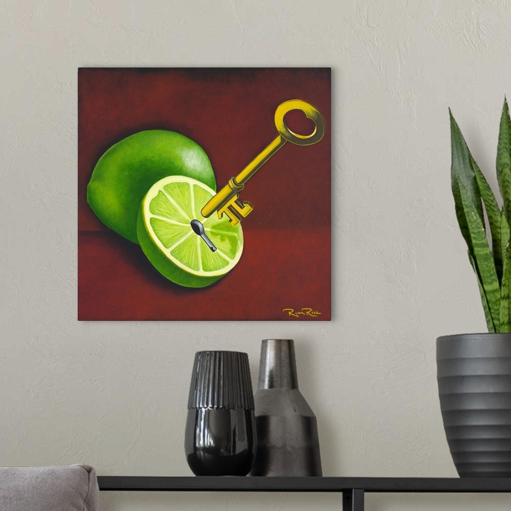 A modern room featuring Square pun painting of two limes and a golden key with the pi symbol on the end (key lime pi - ke...