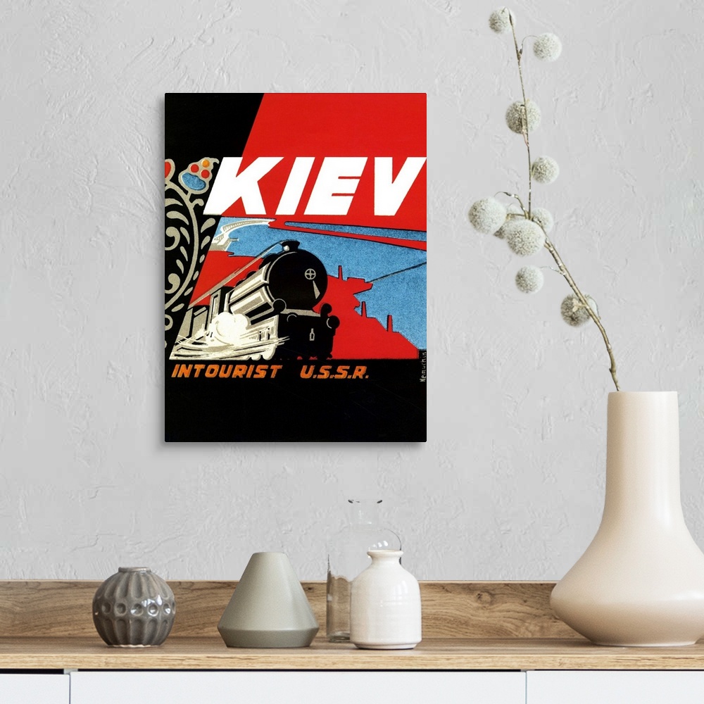 A farmhouse room featuring Vintage travel advertisement for rail travel to Kiev.