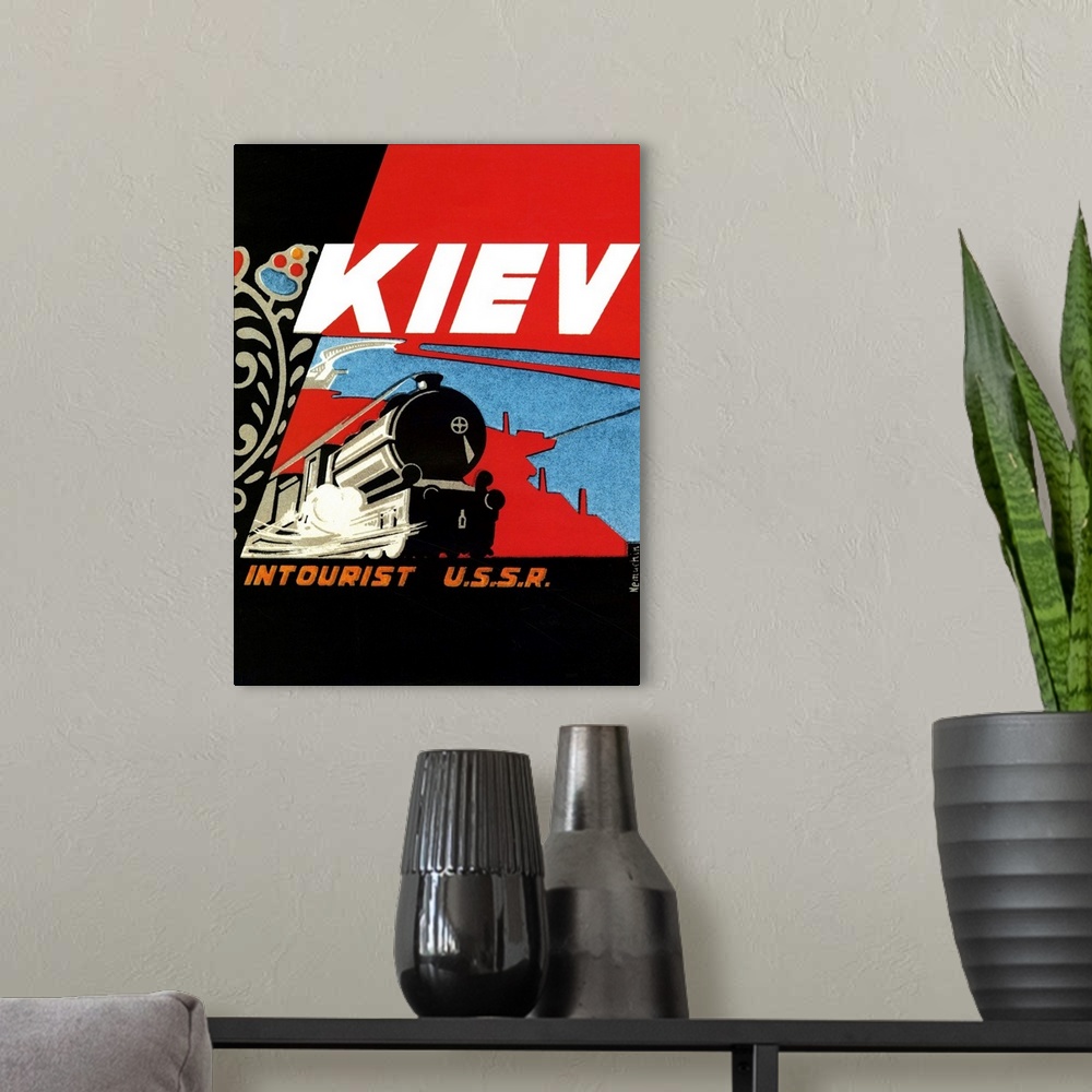 A modern room featuring Vintage travel advertisement for rail travel to Kiev.