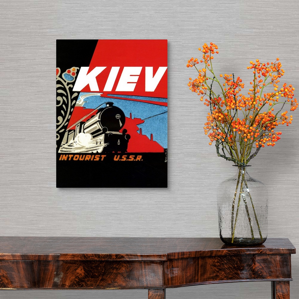 A traditional room featuring Vintage travel advertisement for rail travel to Kiev.