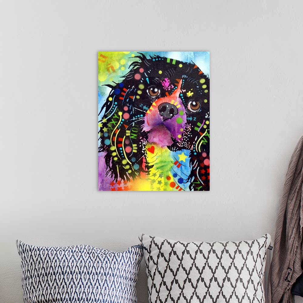 A bohemian room featuring Contemporary stencil painting of a king charles spaniel filled with various colors and patterns.