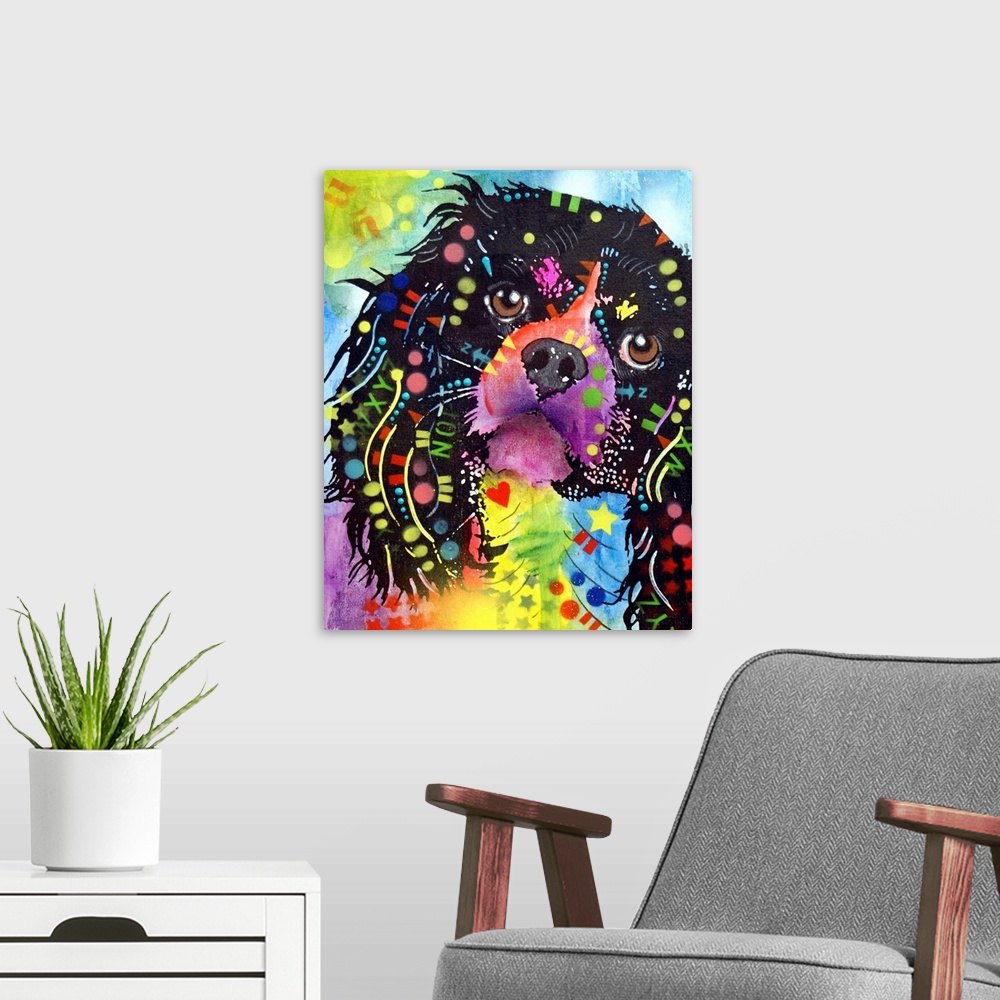 A modern room featuring Contemporary stencil painting of a king charles spaniel filled with various colors and patterns.