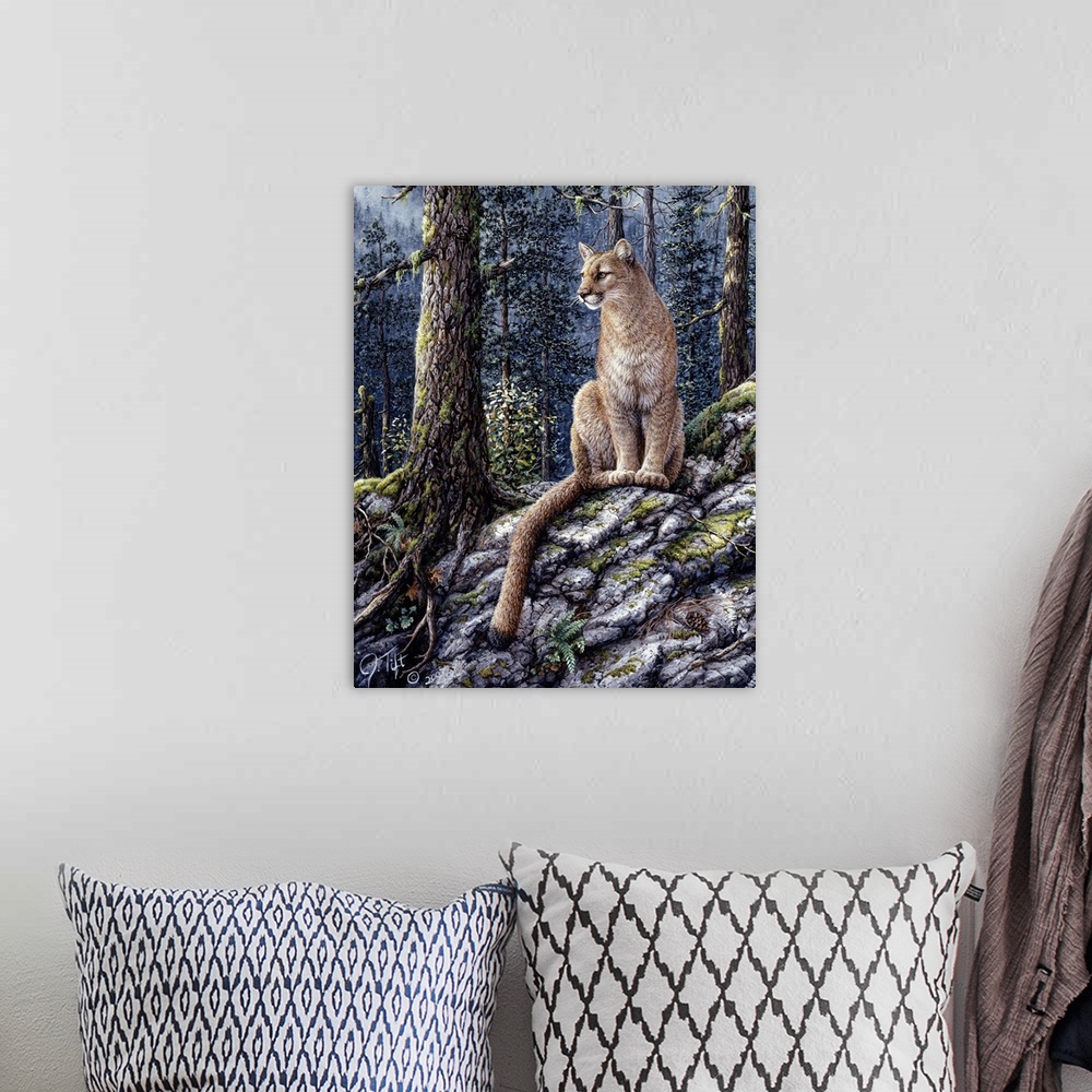 A bohemian room featuring mountain lion sitting on snow-dusted ground in forest