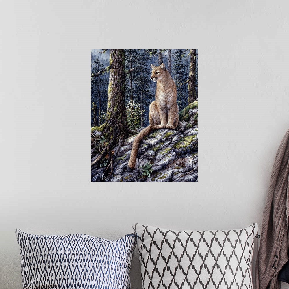 A bohemian room featuring mountain lion sitting on snow-dusted ground in forest
