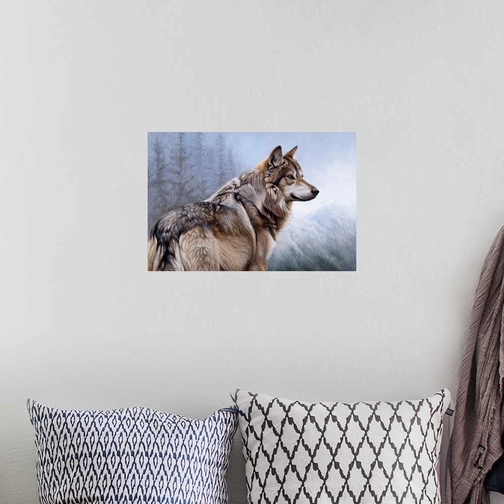 A bohemian room featuring A wildlife portrait of a proud wolf.