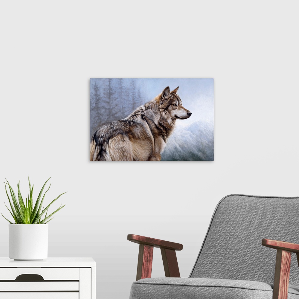 A modern room featuring A wildlife portrait of a proud wolf.
