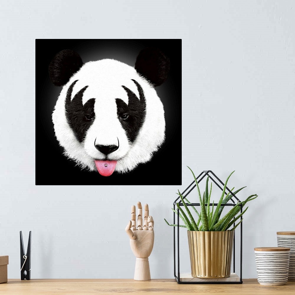 A bohemian room featuring Contemporary portrait of a panda bear with make-up around its eyes and sticking its tongue out.