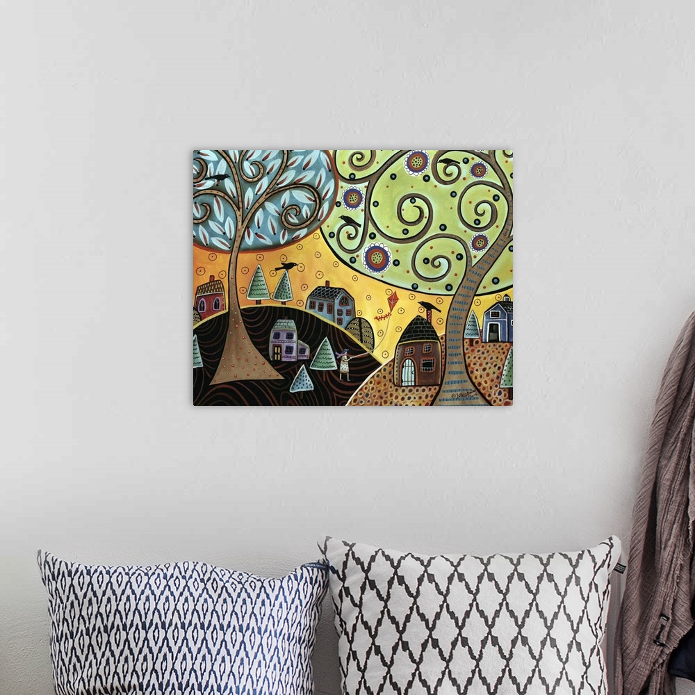 A bohemian room featuring Contemporary painting of a woman flying a kite under two large trees with curly branches in a lit...