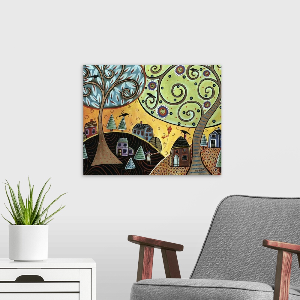A modern room featuring Contemporary painting of a woman flying a kite under two large trees with curly branches in a lit...