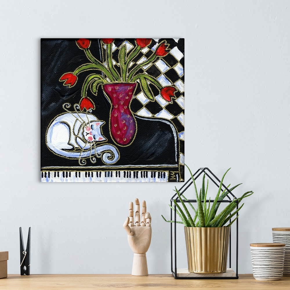 A bohemian room featuring A white cat curled up on top of a piano, next to a vase.