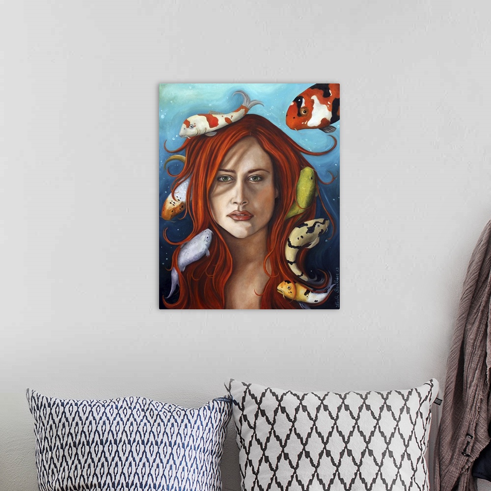 A bohemian room featuring Surrealist painting of a woman with red hair with koi swimming all around her.