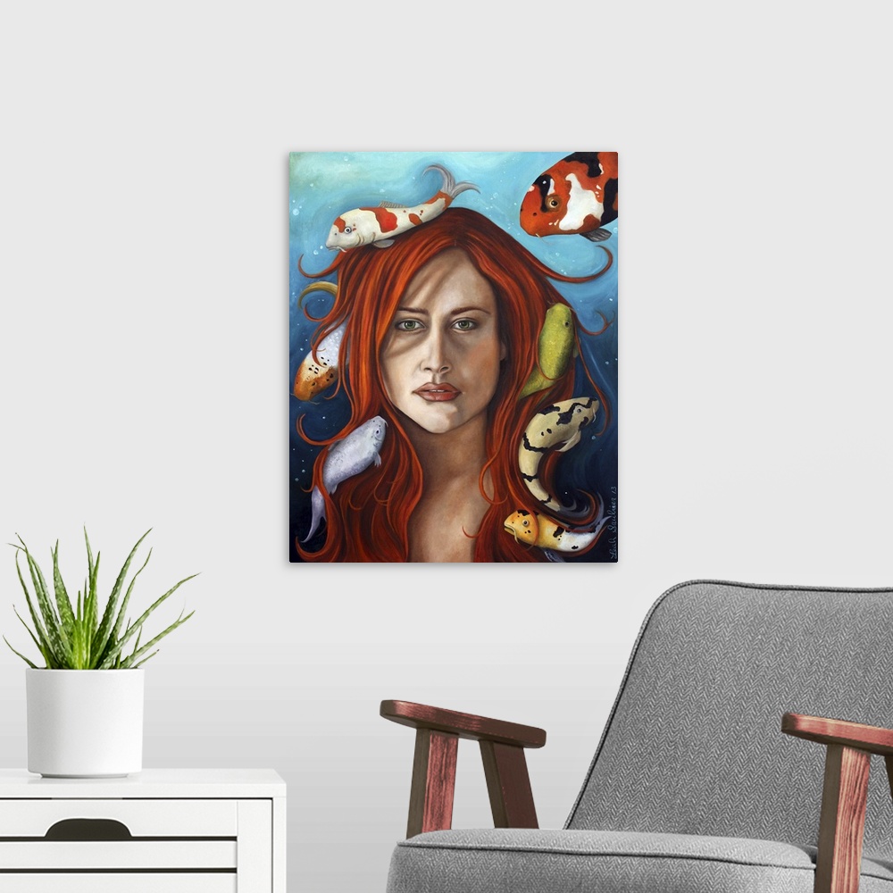 A modern room featuring Surrealist painting of a woman with red hair with koi swimming all around her.
