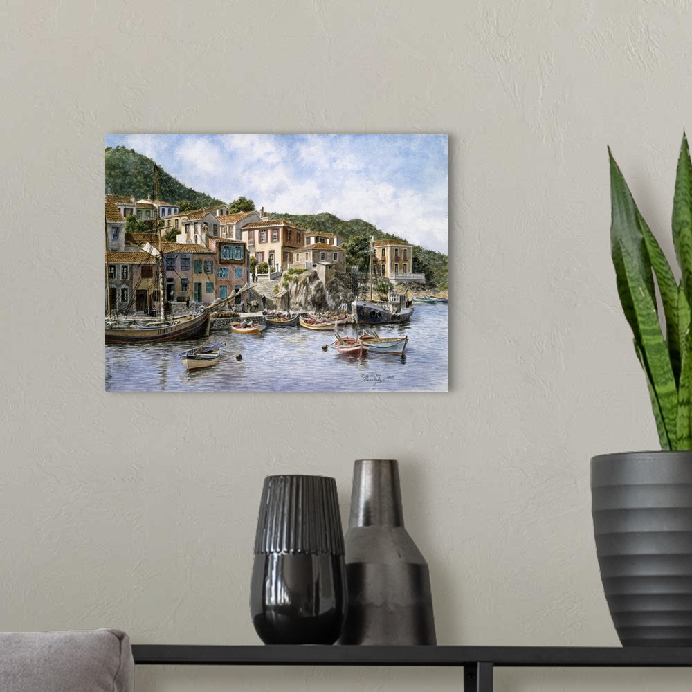 A modern room featuring Contemporary painting of a fishing village in Greece.