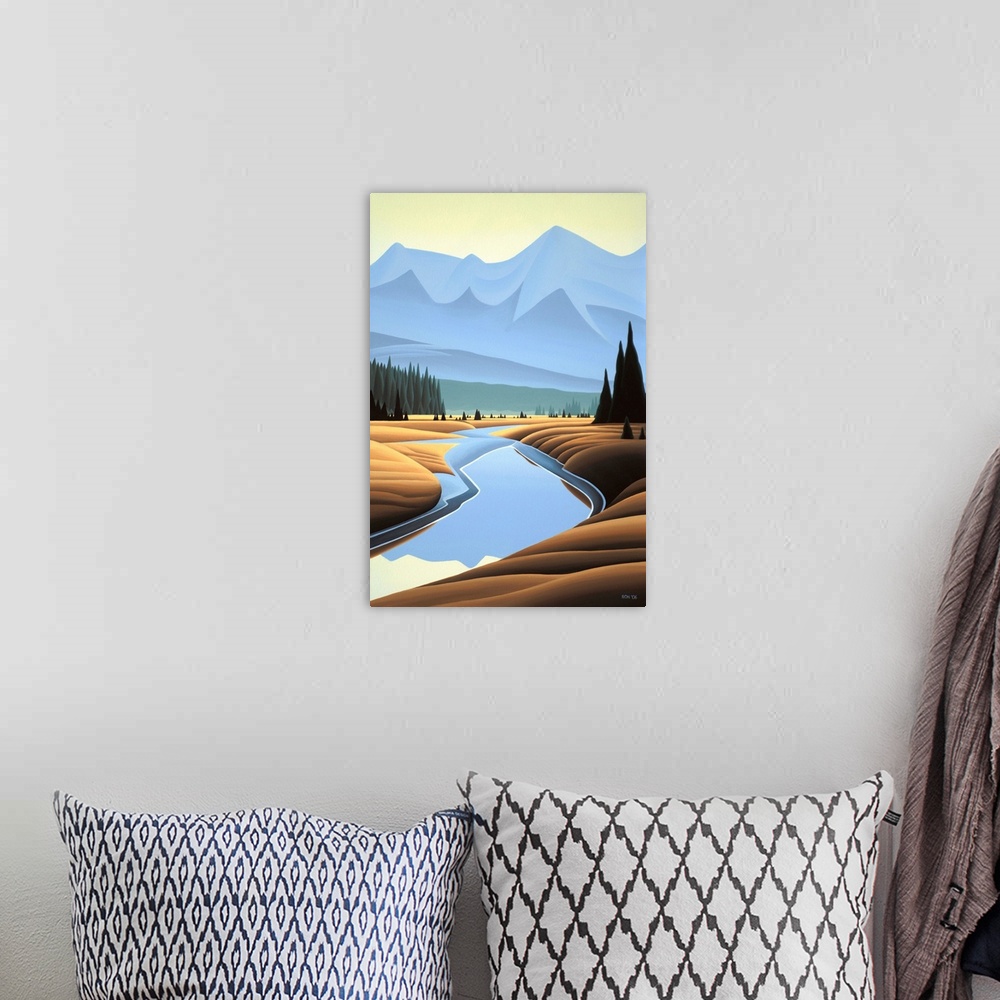 A bohemian room featuring Contemporary painting of mountain scape, with a river in the foreground.