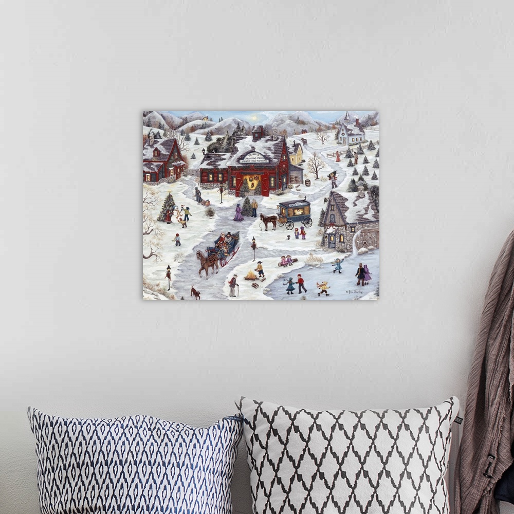A bohemian room featuring Village, trees, Christmas, horse, carriage, snow.