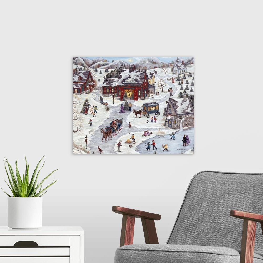 A modern room featuring Village, trees, Christmas, horse, carriage, snow.