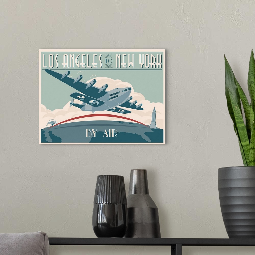 A modern room featuring Retro minimalist travel poster art.