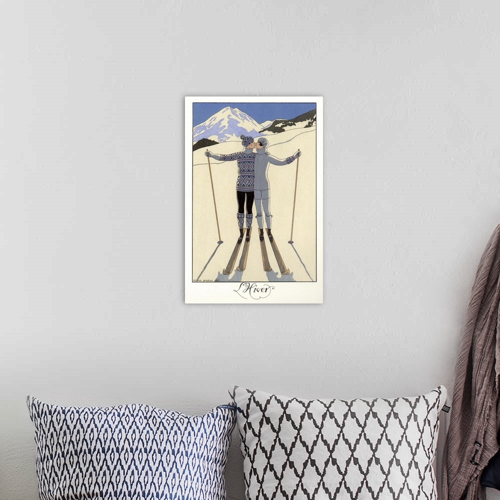 A bohemian room featuring Artwork of a vintage fashion illustration of a woman displaying winter fashion while skiing.