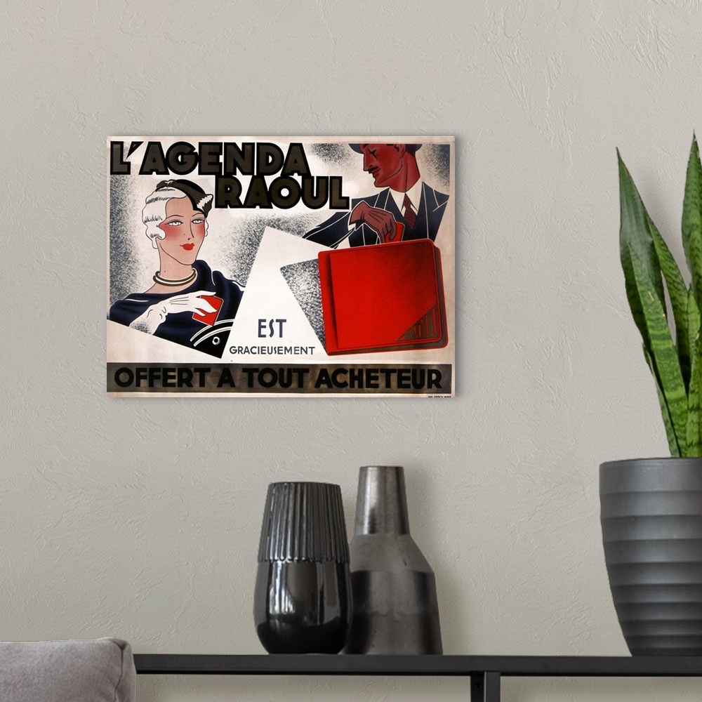 A modern room featuring Vintage poster advertisement for La Agenda Raoul.