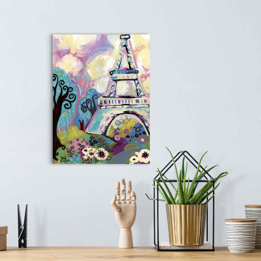 A bohemian room featuring "The Woman Of Iron" - Contemporary painting of the Eiffel Tower in Paris.