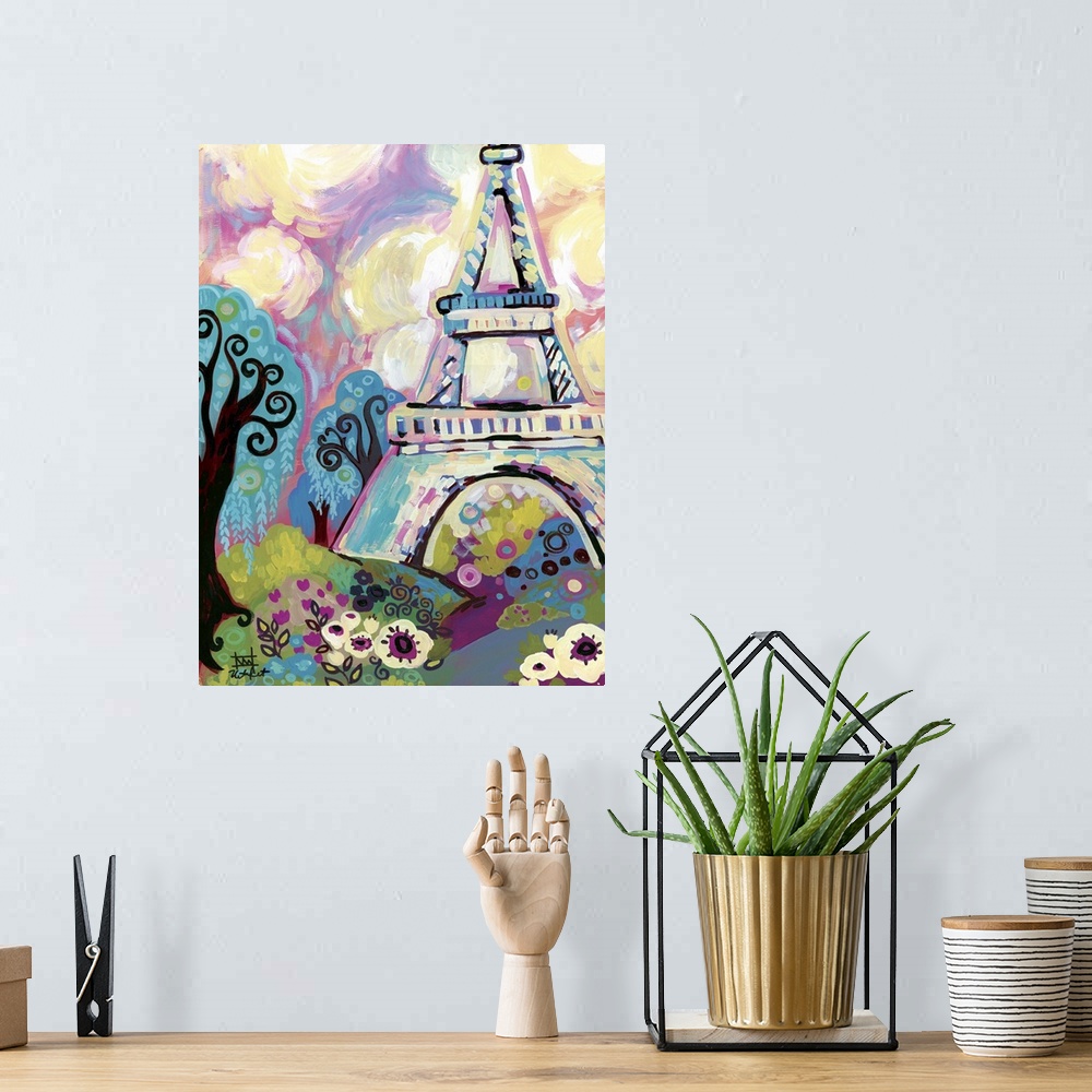 A bohemian room featuring "The Woman Of Iron" - Contemporary painting of the Eiffel Tower in Paris.