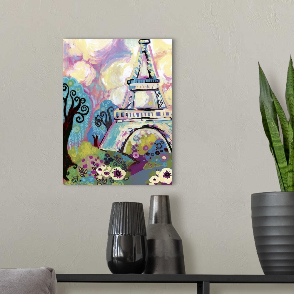 A modern room featuring "The Woman Of Iron" - Contemporary painting of the Eiffel Tower in Paris.