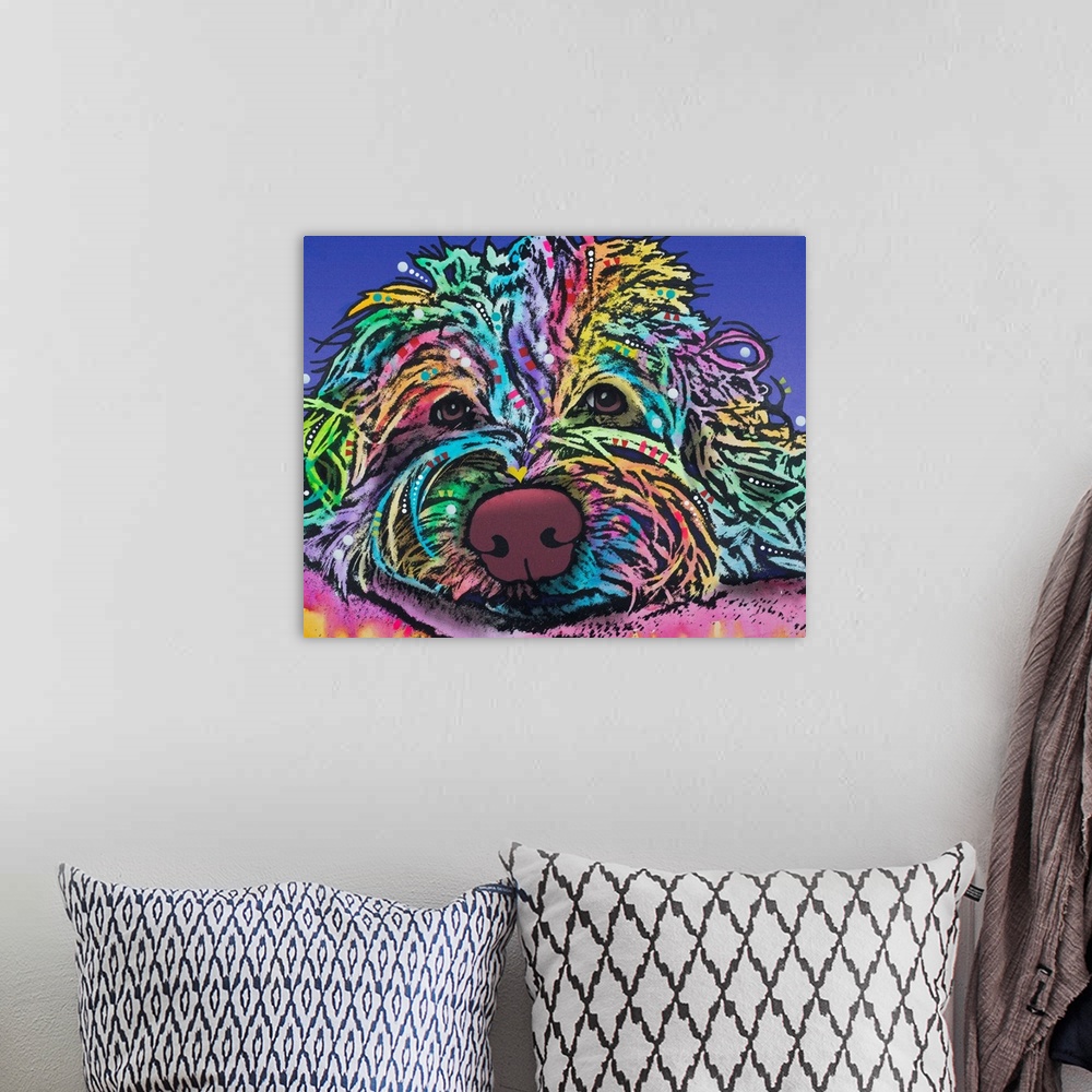 A bohemian room featuring Colorful painting of a Bearded Collie resting its head with geometric designs throughout its hair.