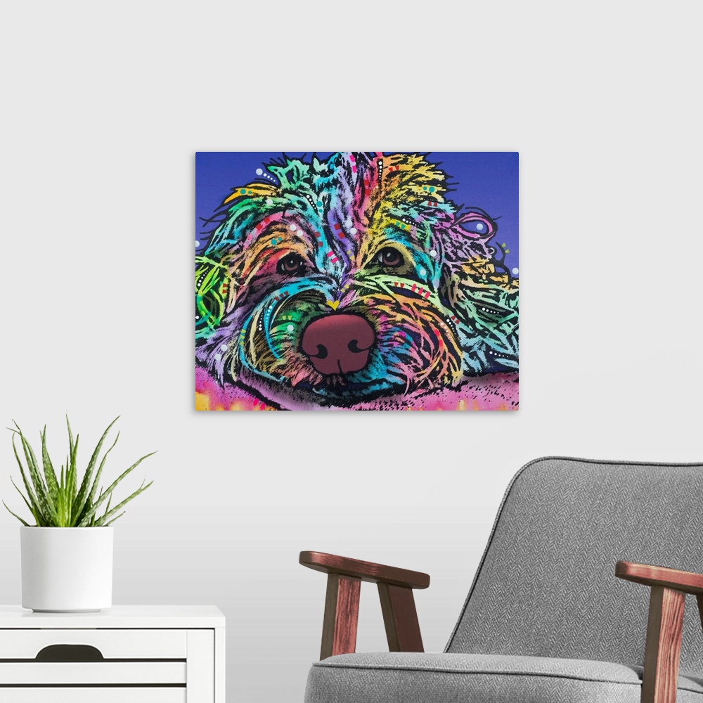 A modern room featuring Colorful painting of a Bearded Collie resting its head with geometric designs throughout its hair.