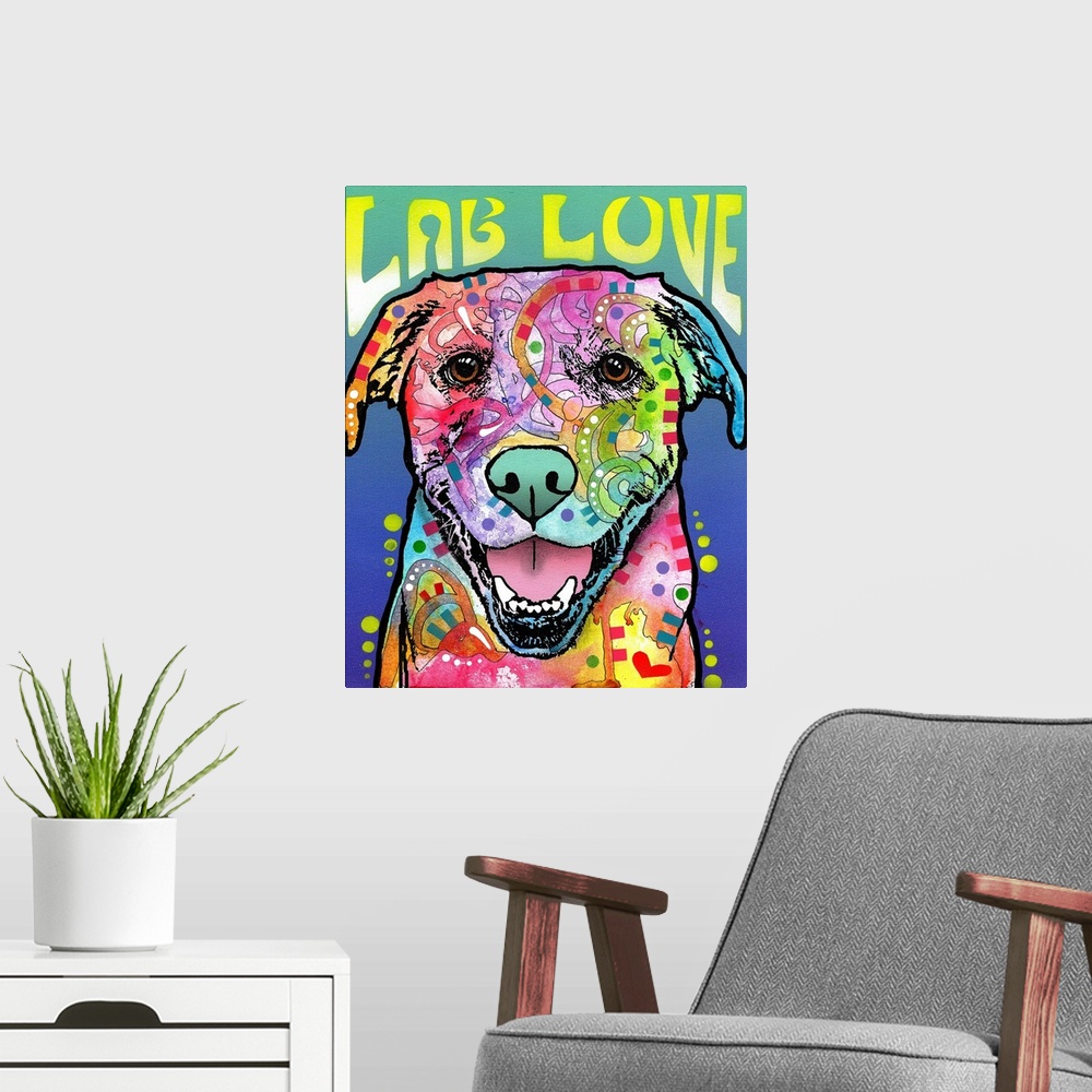 A modern room featuring "Lab Love" written around a colorful painting of a Labrador with abstract markings on a blue and ...