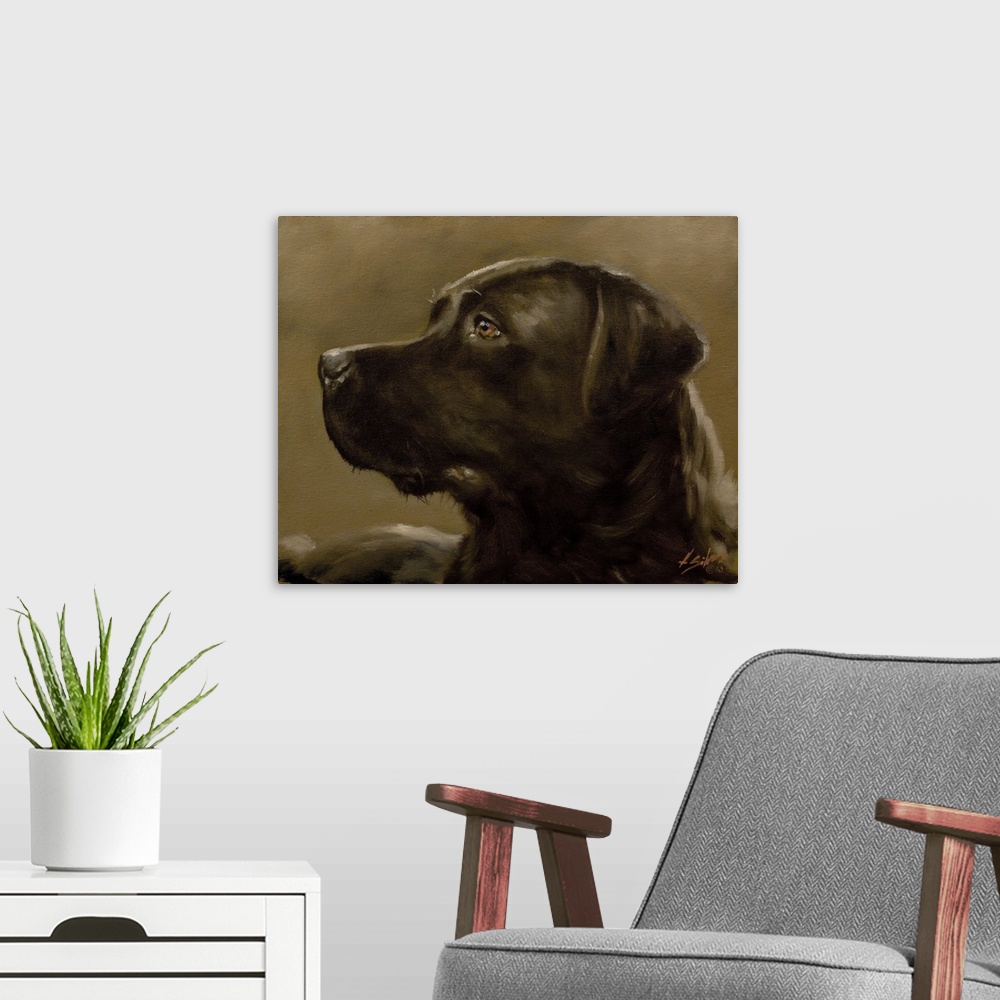 A modern room featuring Contemporary painting of a black Labrador retriever.