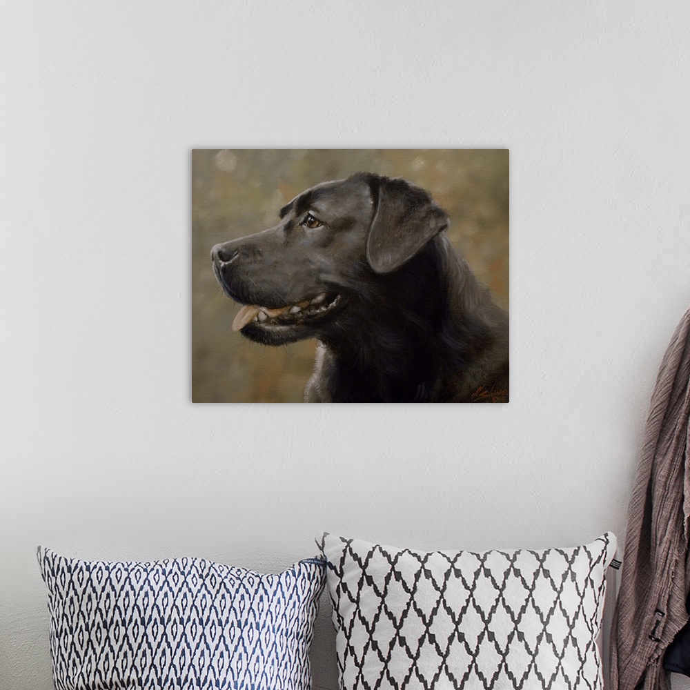 A bohemian room featuring Contemporary painting of a black Labrador retriever.