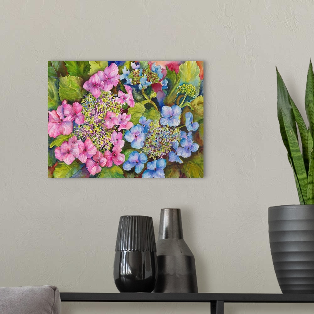 A modern room featuring Colorful contemporary painting of pink and blue hydrangeas.