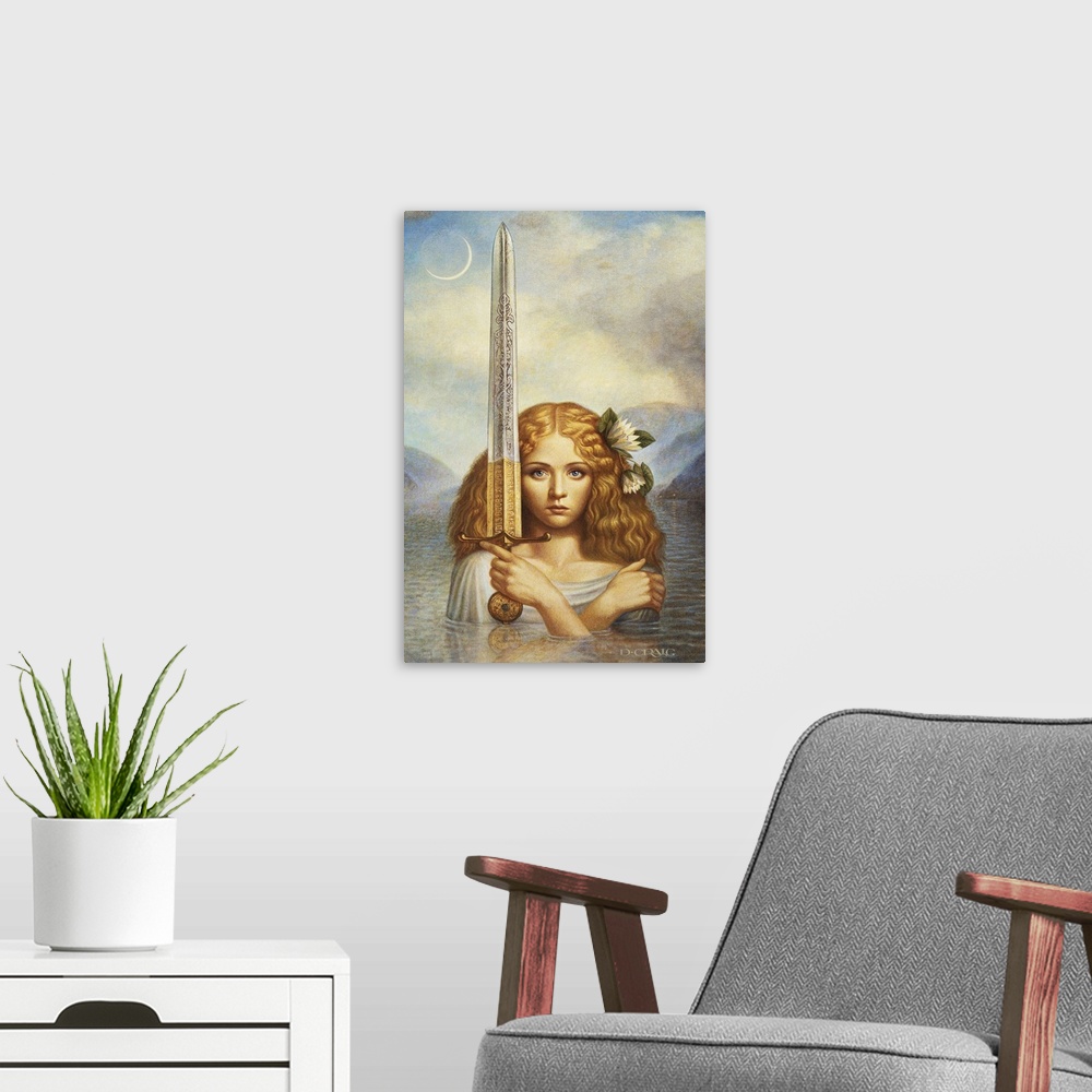 A modern room featuring The lady of the lake emerges from a lake holding the sword Excalibur.