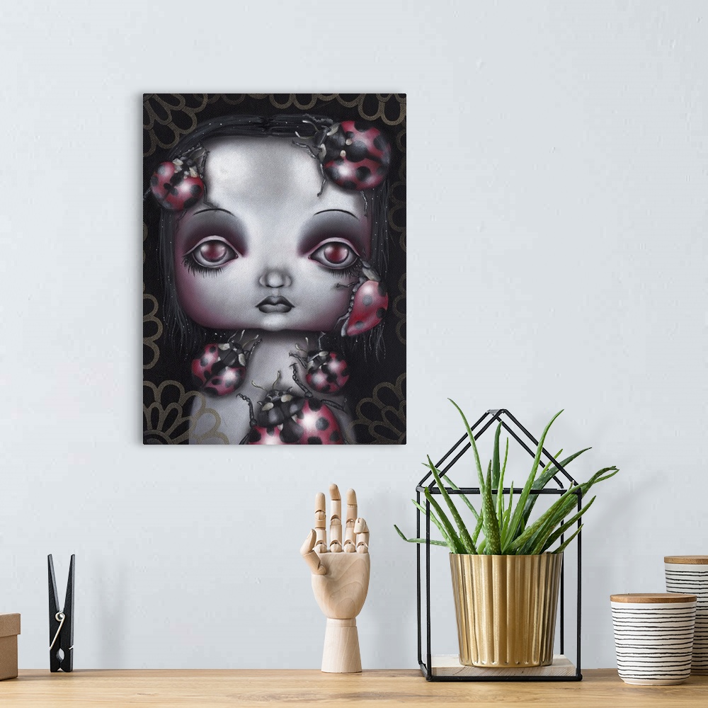 A bohemian room featuring Contemporary painting of a girl with large red eyes and large ladybugs crawling on her.
