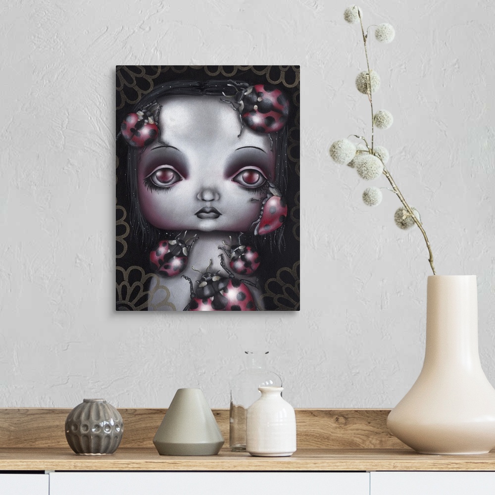 A farmhouse room featuring Contemporary painting of a girl with large red eyes and large ladybugs crawling on her.