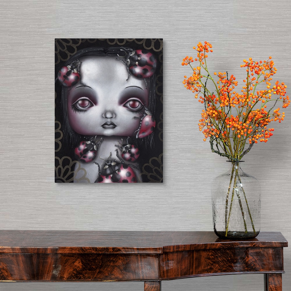 A traditional room featuring Contemporary painting of a girl with large red eyes and large ladybugs crawling on her.