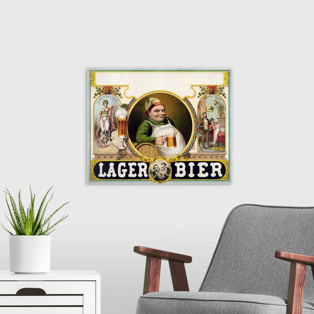 A modern room featuring Lager Bier - Vintage Beer Advertisement