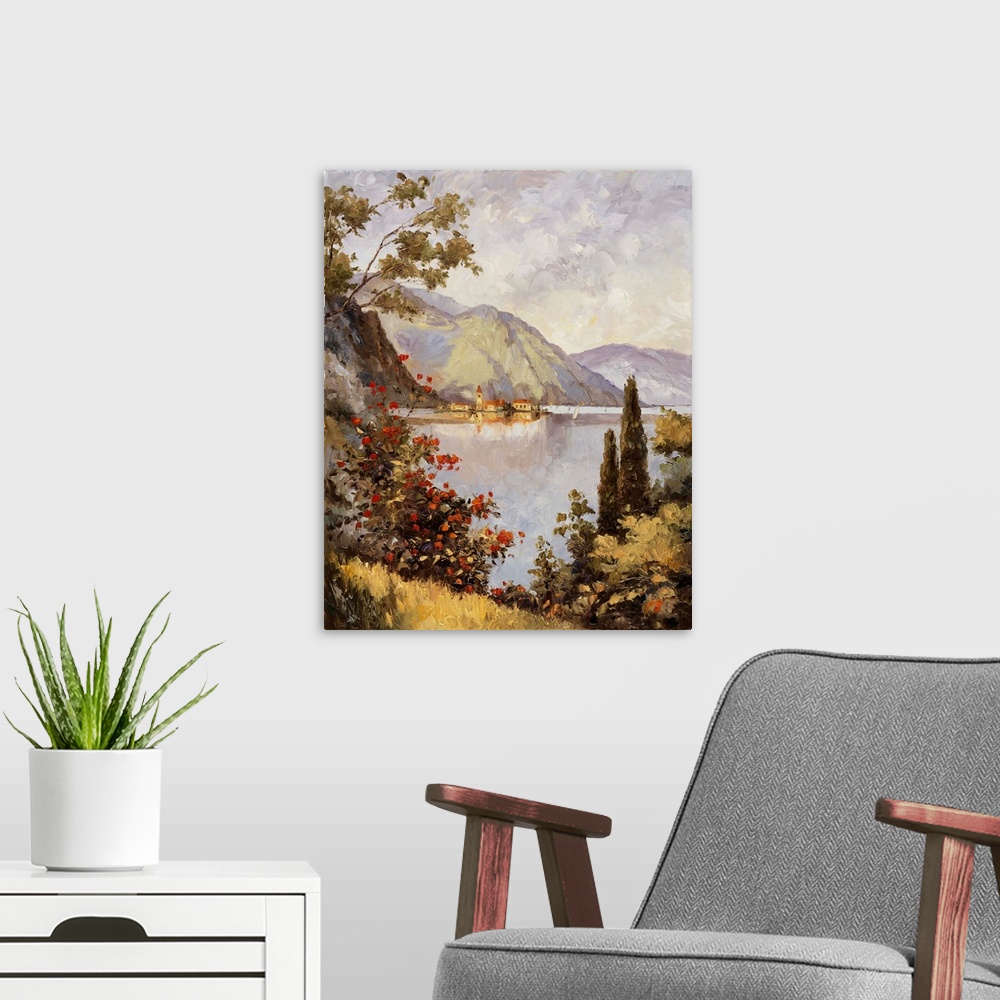 A modern room featuring Lake Como