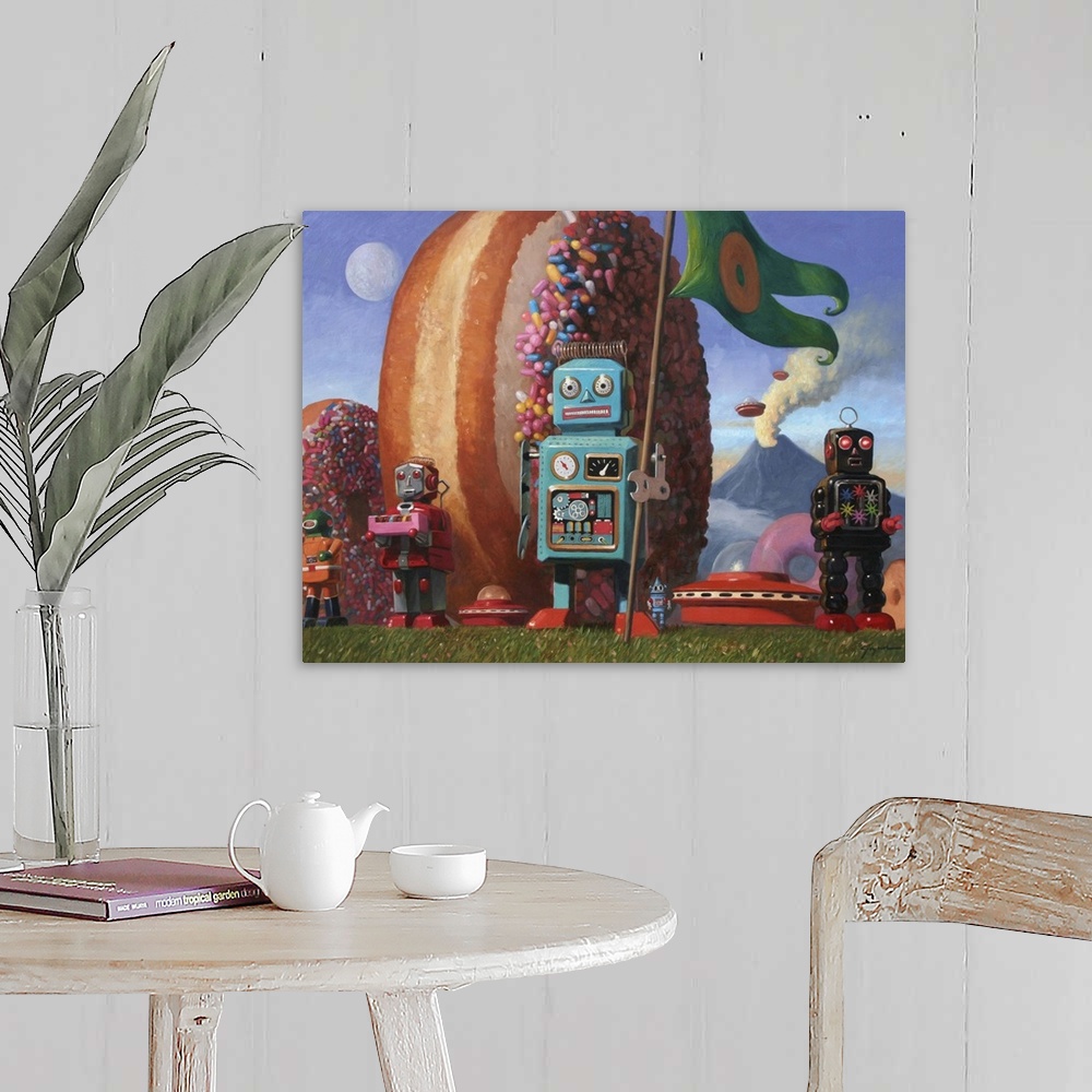 A farmhouse room featuring A contemporary painting of a blue retro toy robot holding a green flag with a donut on it while g...