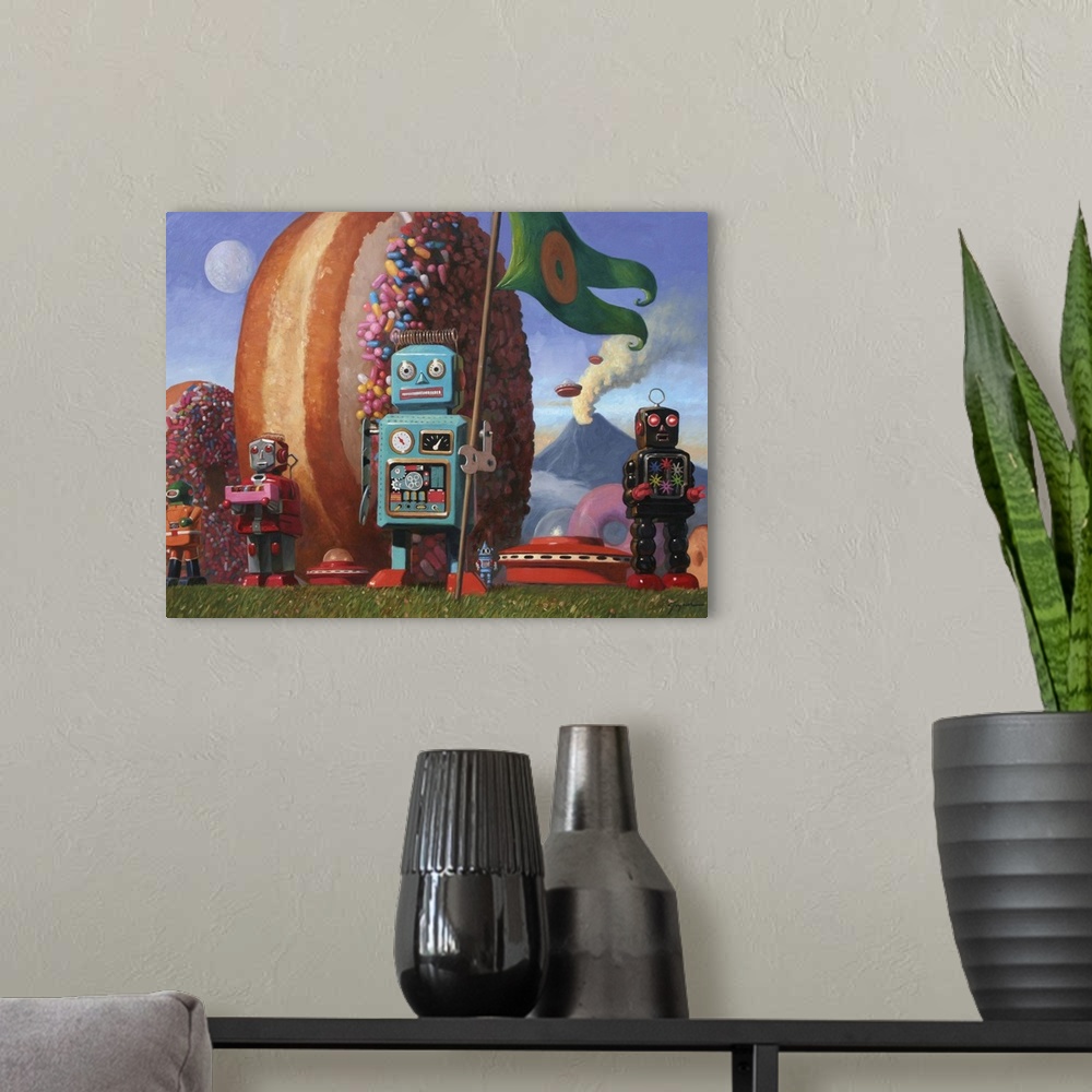 A modern room featuring A contemporary painting of a blue retro toy robot holding a green flag with a donut on it while g...
