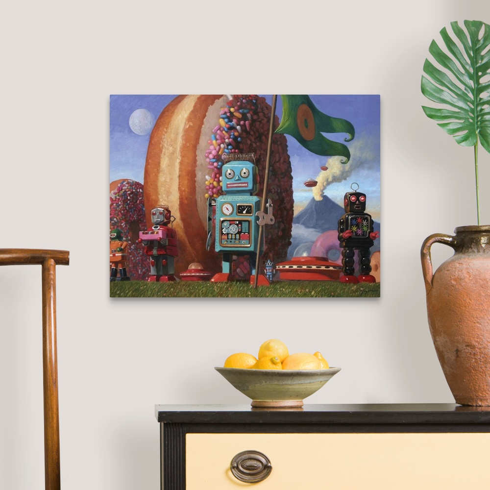 A traditional room featuring A contemporary painting of a blue retro toy robot holding a green flag with a donut on it while g...
