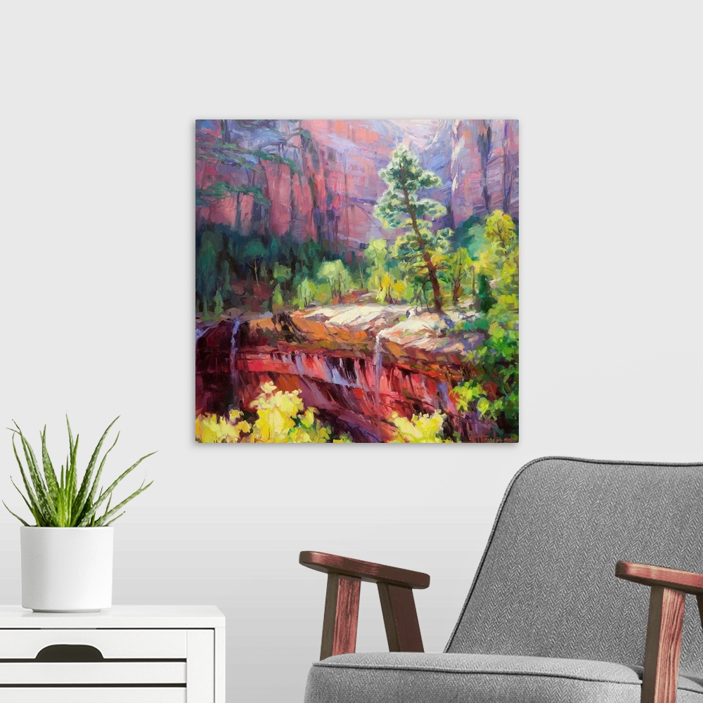 A modern room featuring Water falls off a cliff that has painted trees and foliage across the top. Behind the trees is a ...