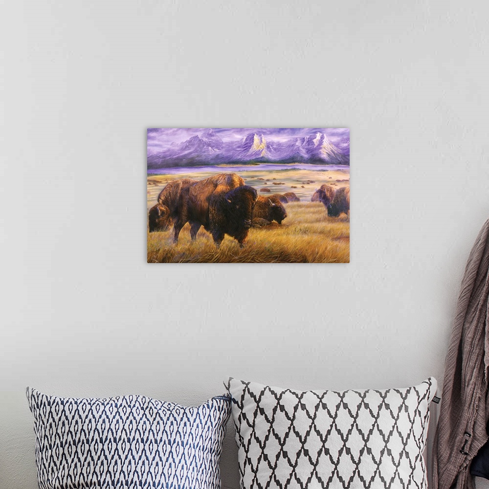 A bohemian room featuring buffalo on western plain