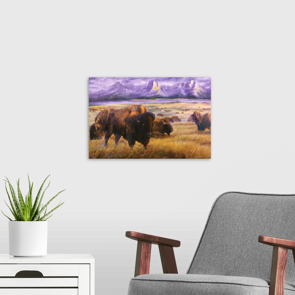 A modern room featuring buffalo on western plain