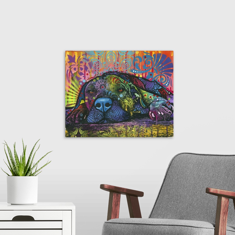 A modern room featuring Pop art style painting of a lazy dog laying down on the ground with various colors and designs al...