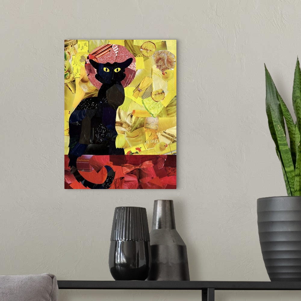 A modern room featuring Multimedia collage of magazine clippings and paint of the famous Black Cat nightclub poster.