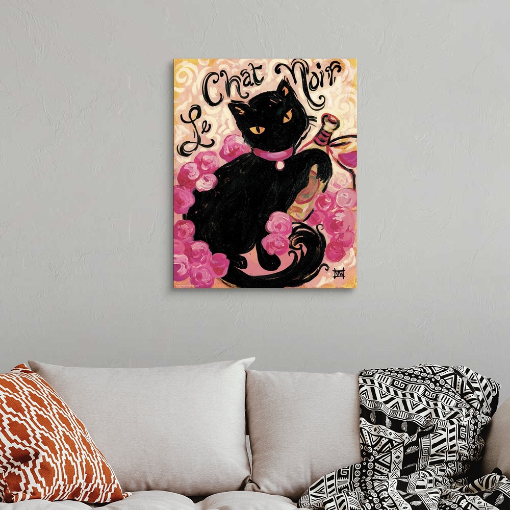 A bohemian room featuring Painting of a black cat with a pink collar holding a bottle of wine.