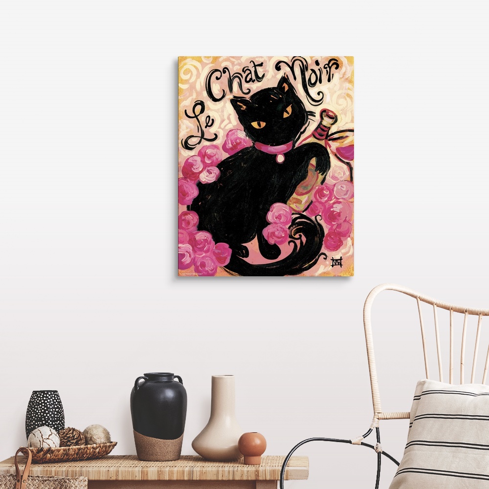 A farmhouse room featuring Painting of a black cat with a pink collar holding a bottle of wine.