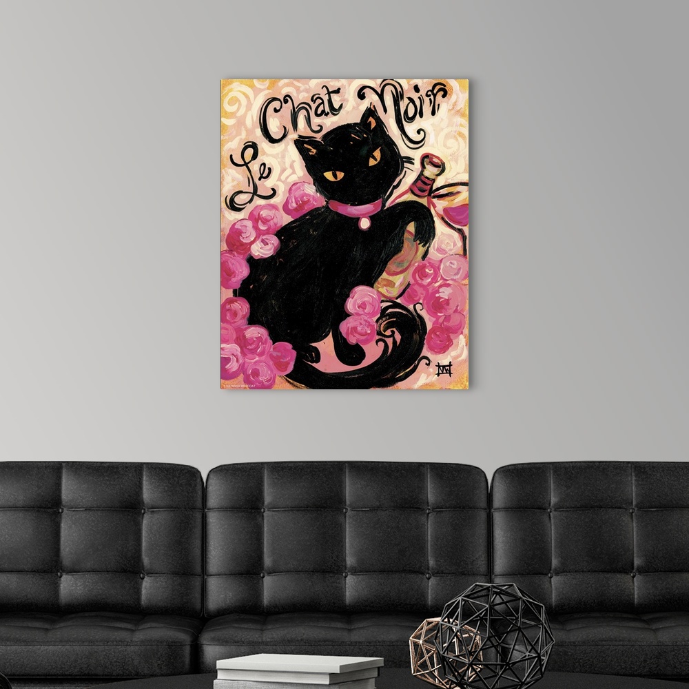 A modern room featuring Painting of a black cat with a pink collar holding a bottle of wine.